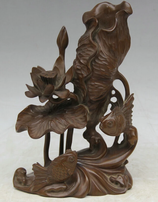 

150610 S1447 11" Chinese wood Folk lotus flower leaf Two Fish barracuda Brush Pot pencil vase