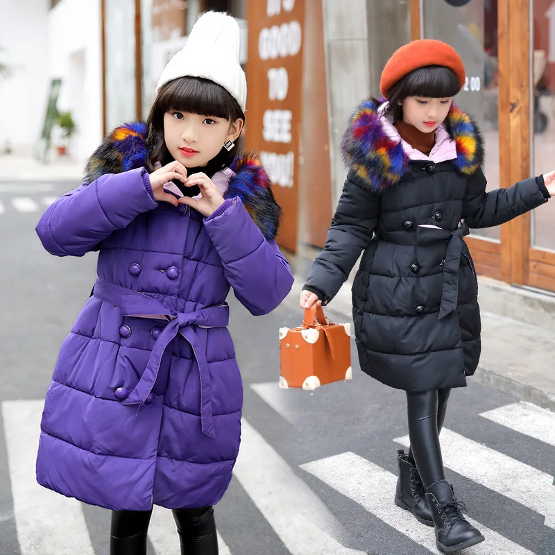 2018 Girls Parkas Wadded Jacket Winter Coat Fashion Big Multicolour Fur Collar Solid Thick Cotton Jacket 120-170 High Quality
