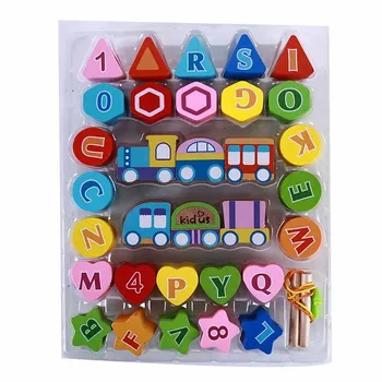 

Wooden Large Cartoon Farm/City/Character Dress String Rope Child Educational Beads Building Blocks Toys Birthday Gift