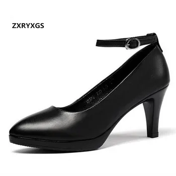 

All Black Work Shoes Woman Pumps Genuine Leather Shoes 2019 New Pointed Spring Women Shoes Elegant Fashion Fine with High Heels