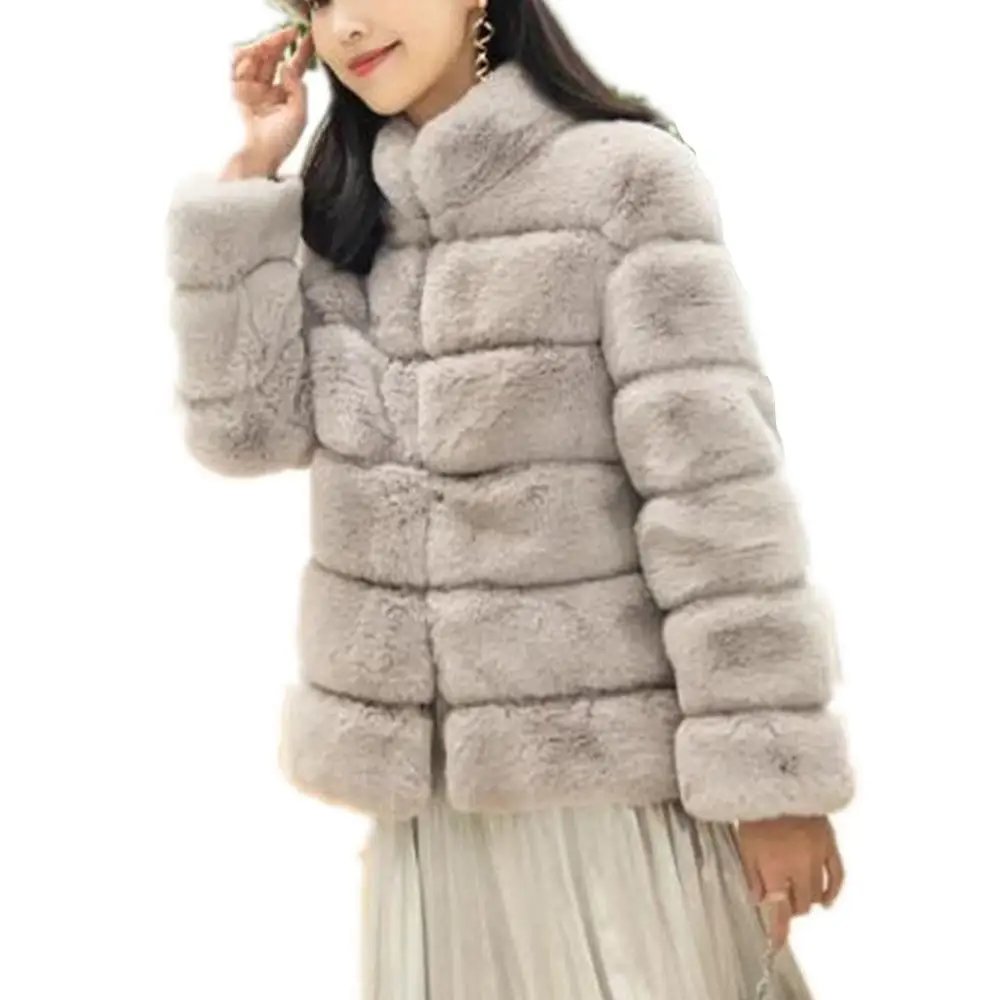 Lisa Colly, Женское пальто из искусственного меха, куртка, зимняя шуба из искусственного лисьего меха, женская теплая шуба из искусственного кроличьего меха, пальто, женское меховое пальто - Цвет: Серый