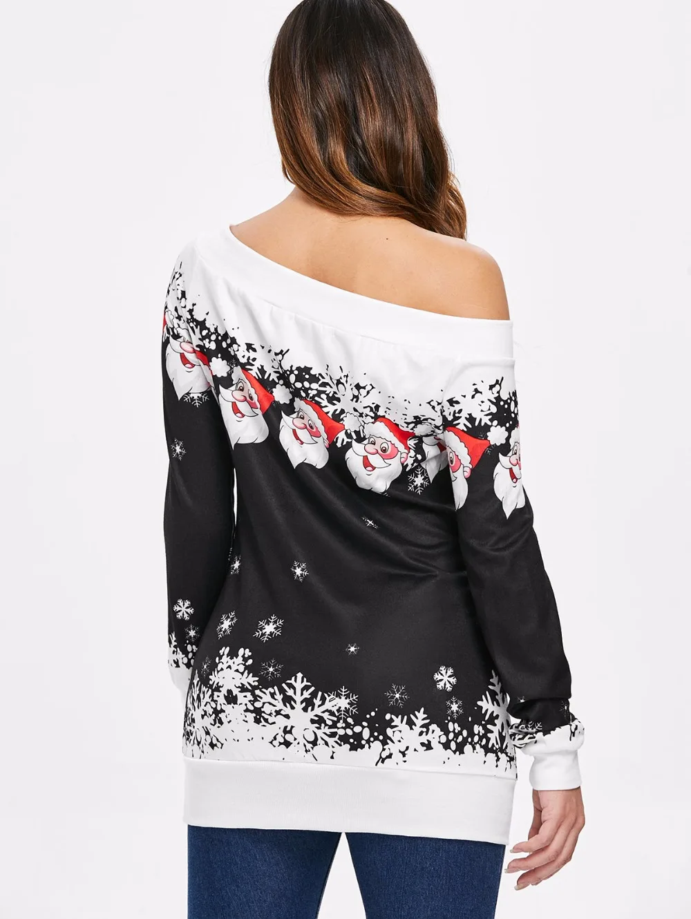 VESTLINDA Christmas T Shirt Santa Claus Snowflake T-Shirt Skew Neck Pullover Jumper 2017 Autumn Women Tshirt Fashion Button Tops 3