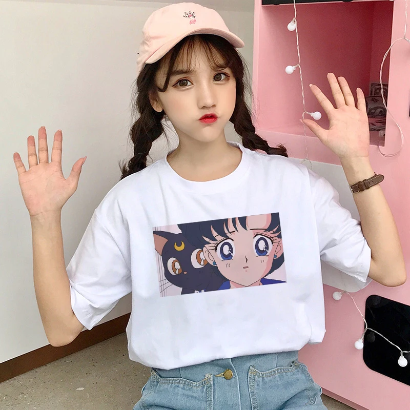 

Japanese Sweet Sailor Moon women Summer Fashion Harajuku Large Size S-2XL T-Shirt Short Sleeve Cartoon Print Letters Tops