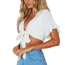 Женская модная повседневная майка, топы, однотонный жилет, блузка с расклешенными рукавами, футболка, женские летние топы, укороченный Топ для женщин с бантом