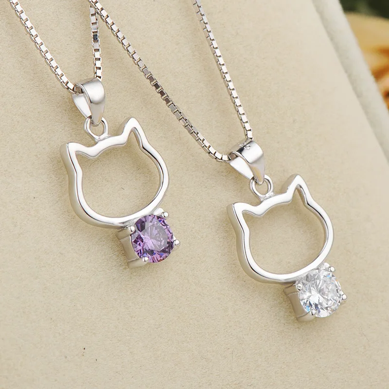 

Genuine silver 925 fashion jewelry lovely hello kitty cat necklace in pendant necklace chain with cubic zirconia gifts for girls