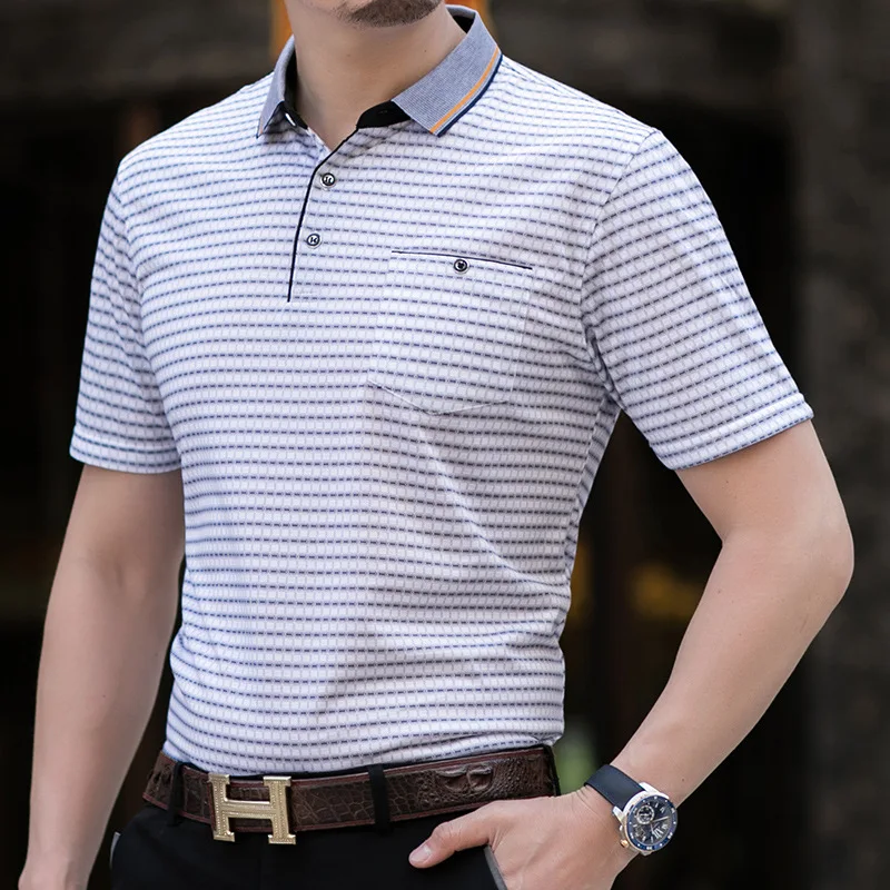 

Thoshine Brand Men Striped Polo Shirts 95% Viscose Fashion Smart Casual Polo shirt Business Style Plaid Dot Camisa Pockets Tops