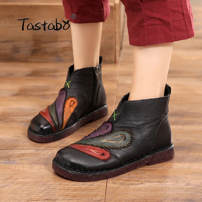 

Tastabo Autumn Ankle Boots for Women Casual Solid Black Round Toe Genuine Leather Boots Ladies Mom Mother Shoes Flats