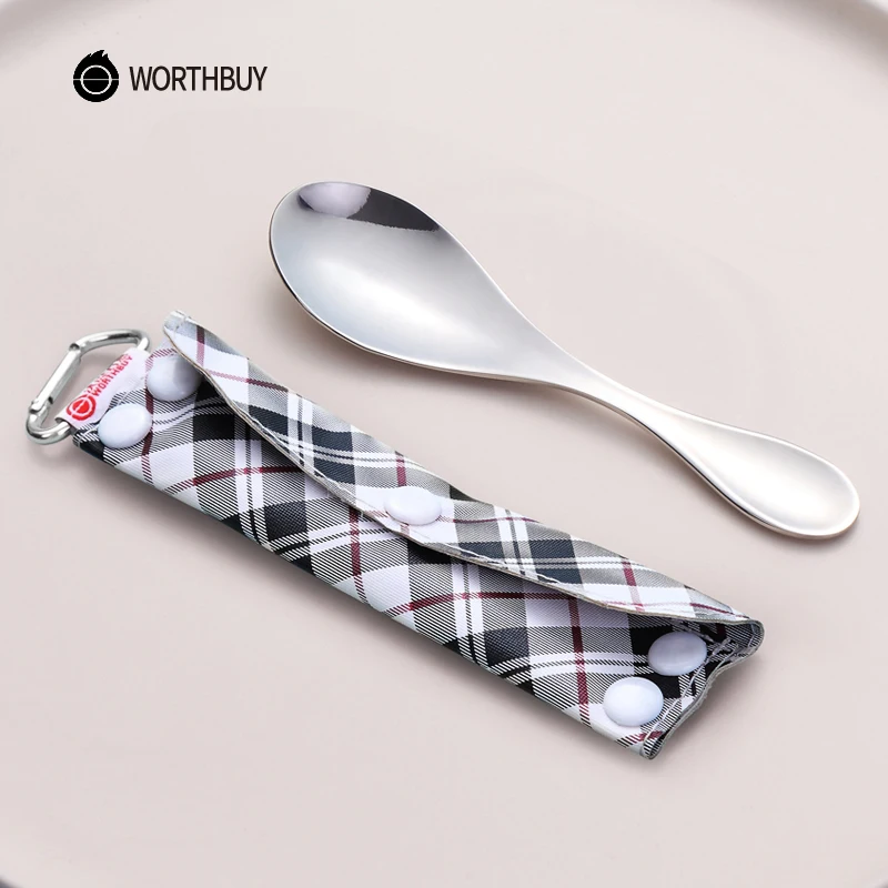 

WORTHBUY Chinese Portable Spoon With Bag 304 Stainless Steel Dinner Soup Spoon For Kis Camping Picnic Set Tea Coffee Scoops