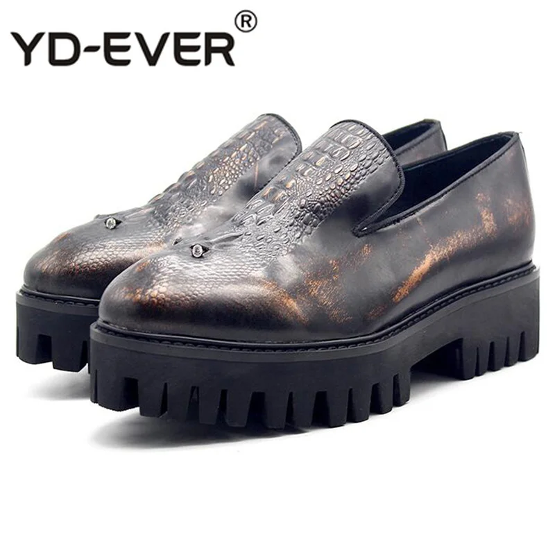 

Cow Skin Brush Platform Luxury Crocodile Gold Loafers Men New Rhinestone Alligator Plus Size Real Leather Creepers Summer Shoes