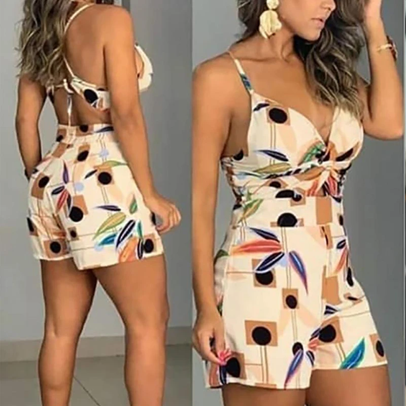 2019 Summer Women Elegant Fashion Vacation Leisure Playsuit Laies Casual V-Neck Print Spaghetti Strap Twisted Front Romper 2019 Summer Women Elegant Fashion Vacation Leisure Playsuit Laies Casual V-Neck Print Spaghetti Strap Twisted Front Romper