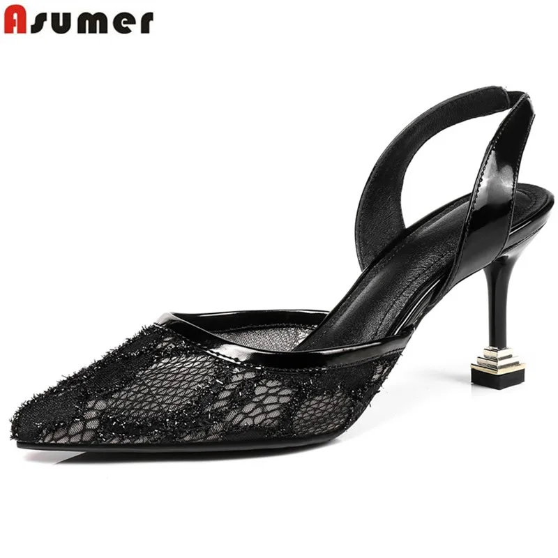 

ASUMER black pink 2018 summer new shoes woman pointed toe elegant sandals women wedding shoes genuine leather inside high heels
