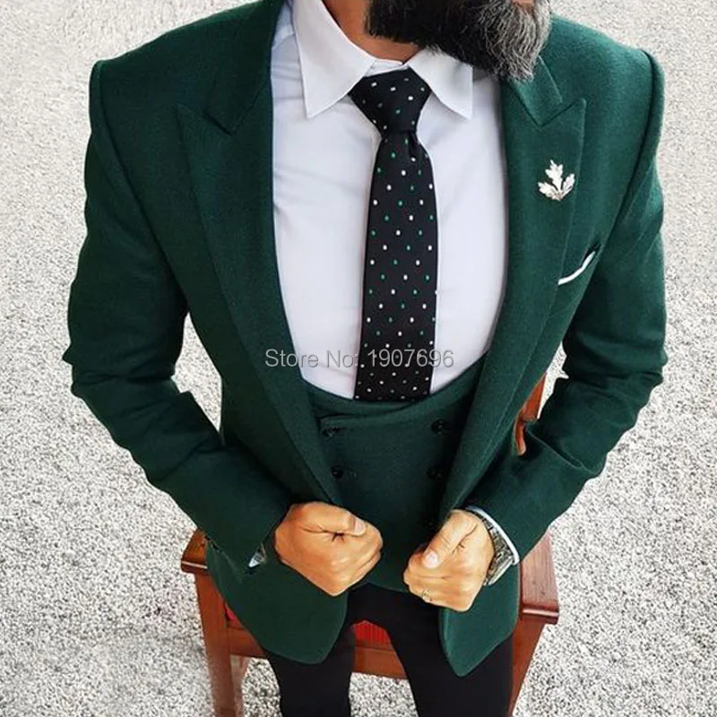 Tailor Made Men Suits 2018 Dark Green Blazer Three Piece Jacket Black Pants Vest Slim Fit Groom Wedding Tuxedos