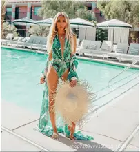 Summer Chiffon Semi-Sheer Maxi Kimono Green Tropical Banana Leaves Printed Bikini Cover Up 3/4 Sleeves Open Front Beachwear Summer Chiffon Semi-Sheer Maxi Kimono Green Tropical Banana Leaves Printed Bikini Cover Up 3/4 Sleeves Open Front Beachwear