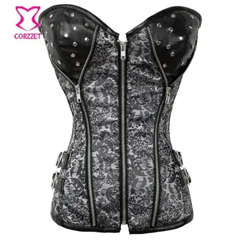 

New Goth Vintage Grey Sexy Corset Steampunk Waist Trainer Corsets For Women Waist Trainers Steel Bone Zipper Corselet Overbust