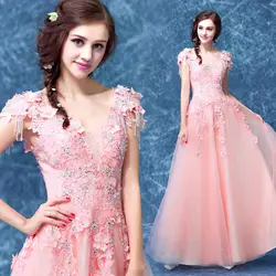 Высокое качество Розовый Sexy Глубокий V образным вырезом платья знаменитостей цветок блестки праздничные платья Элегантный невесты