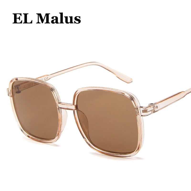 [EL Malus]Big Square Frame Sunglasses Women Mens Tan Pink Lens Gray Shades Sexy Ladies Sun Glasses Oculos