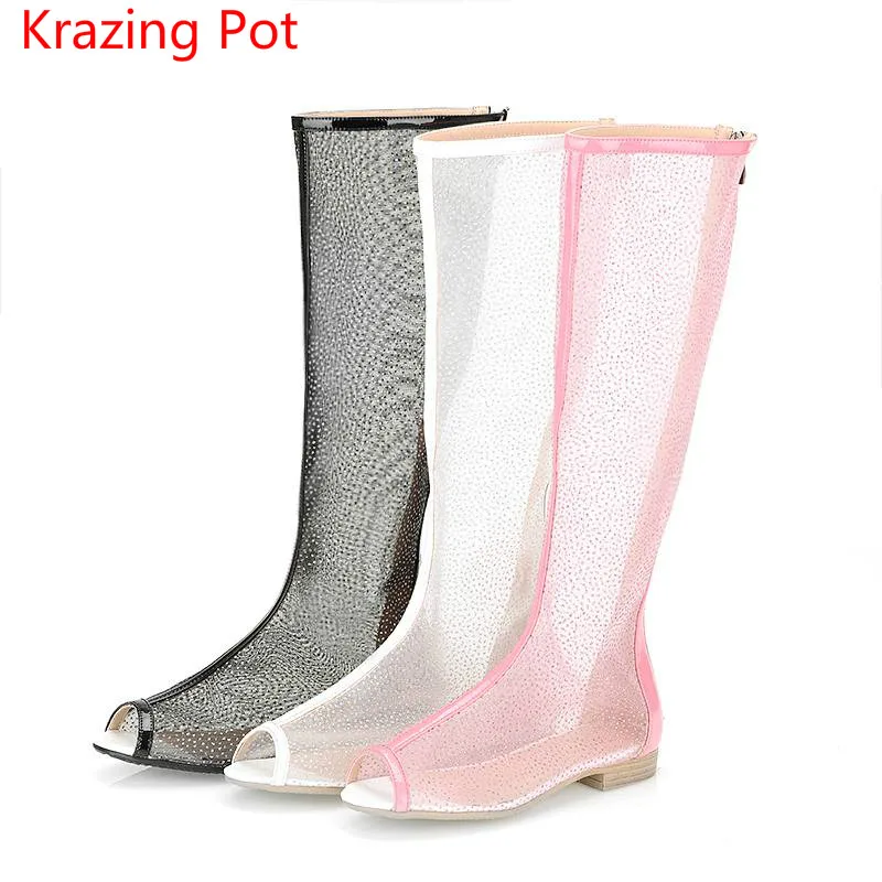 

2017 Fashion Large Size Cut Outs Hollow Transparent Peep Toe Zipper Women Summer Boots Low Heels Handmade Superstar Sandals L