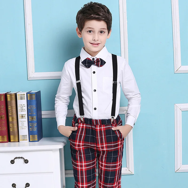 Школьная форма для мальчиков в британском стиле; одежда для школьников; сезон весна-осень; Детские костюмы; хлопковая рубашка для детского сада+ комбинезон+ галстук - Цвет: Бежевый