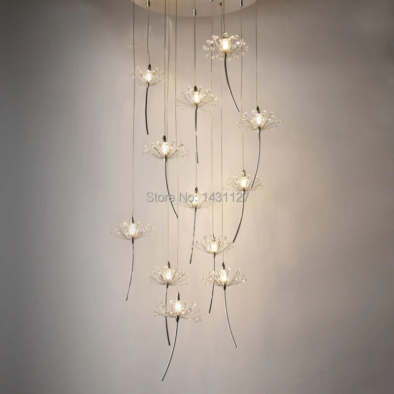 Современная хрустальная люстра для гостиной, светодиодный подвесной светильник в виде цветка одуванчика, хрустальные лампы с длинной лестницей