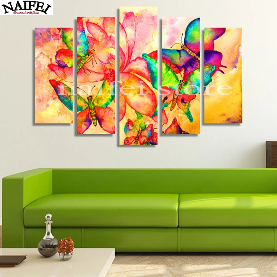 

5pcs Full square Diamond Painting Cross Stitch Colorful Butterflies,5D Diamond Embroidery Mosaic wall sticker home decoration