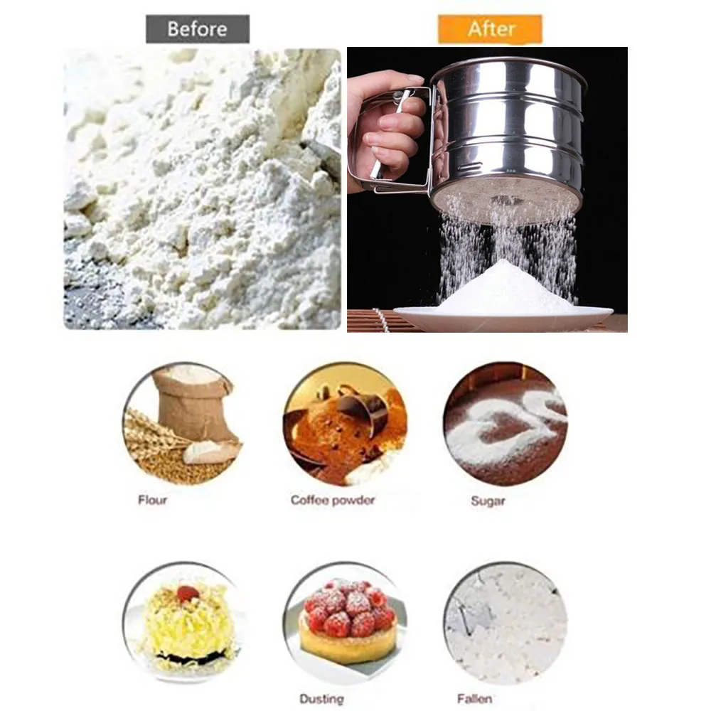 

Baking Flour Sifter Stainless Steel Sieve Cup Screen Mesh Powder Flour Colander Kitchen Accessories Drop Shipping &s
