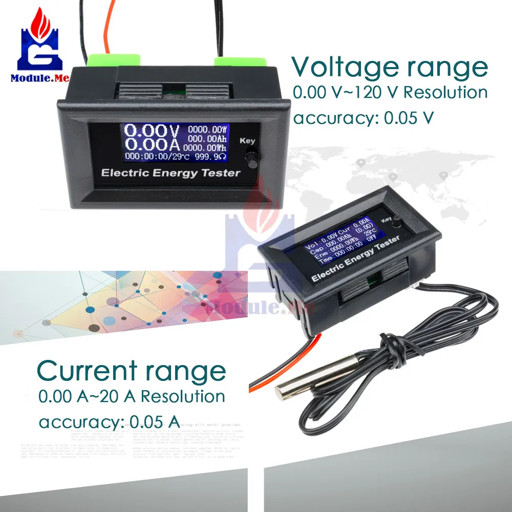 DC 120 в 20A ЖК-дисплей Амперметр Вольтметр термометр сопротивление ватт измеритель емкости аккумулятора детектор тестер Датчик Зонд провод