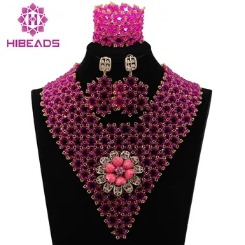 

Amazing New Fuchsia Crystal Bridal Jewelry Sets African Wedding Beads Jewelry Set Pink Collar Necklace Set Free shipping WA963