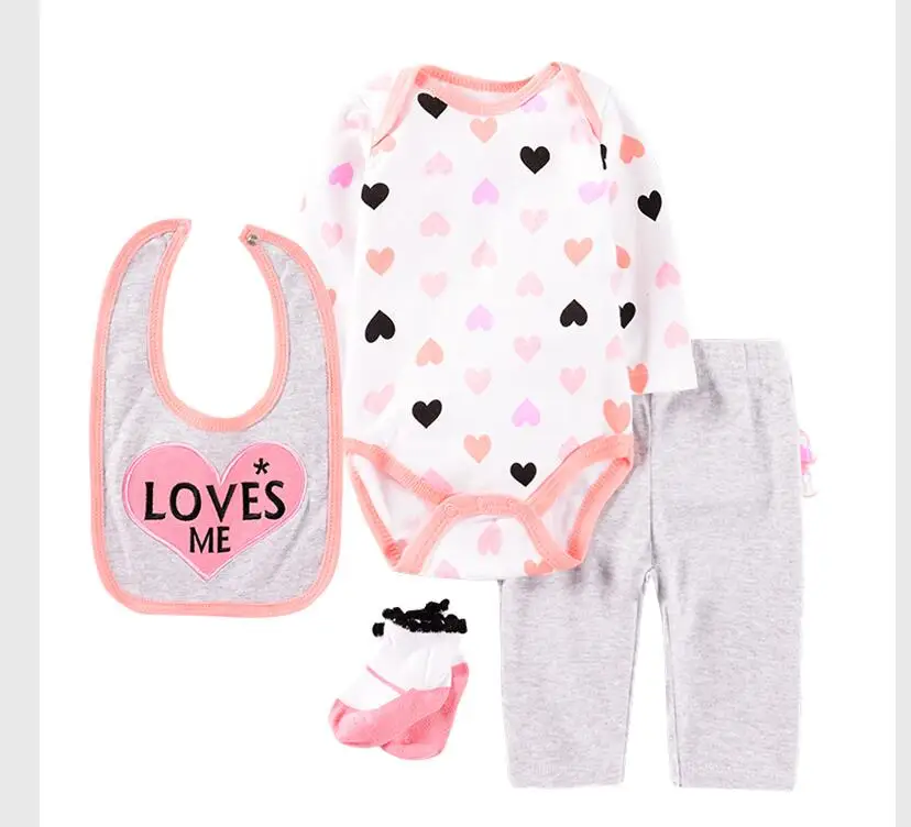 Комплекты одежды для маленьких девочек Летняя хлопковая одежда для малышей с изображением животных костюмы для новорожденных 4 предмета, боди с длинными рукавами для малышей+ штаны+ носки+ нагрудник - Цвет: Color as photo