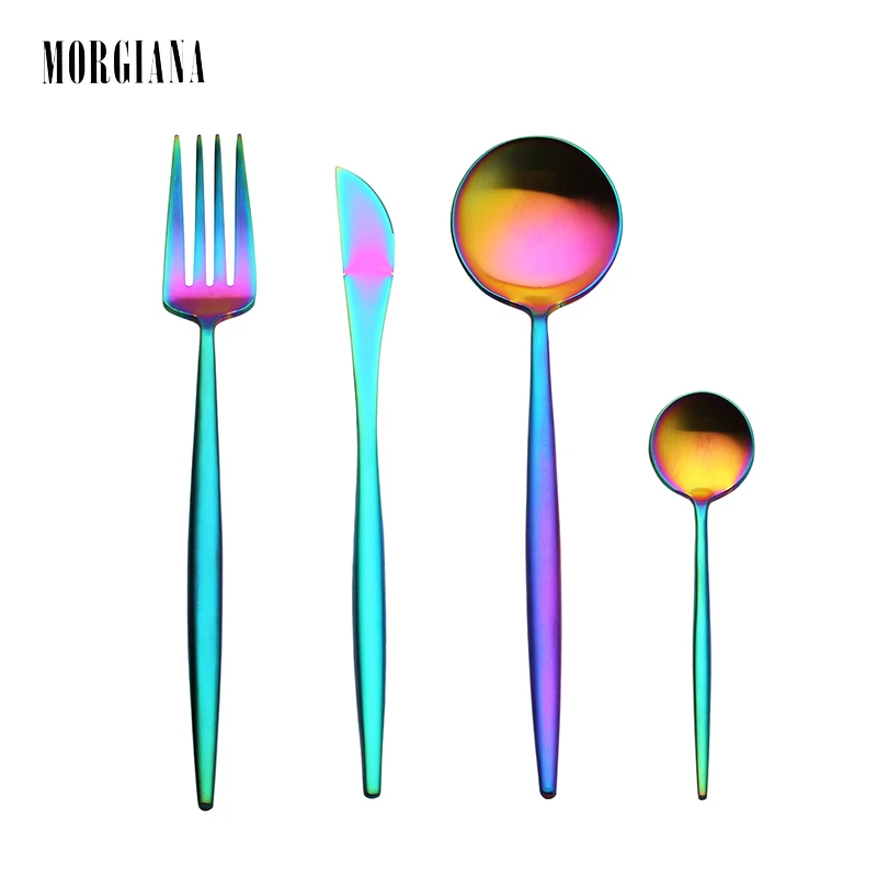 

MORGIANA New Rainbow Fork Knife Scoops Silverware Tableware Set 4Pcs/Set Cutlery Set 18/10 Stainless Steel Dinnerware Set