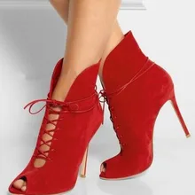 Женские новые модные красные замшевые ботильоны-гладиаторы с открытым носком, с вырезами, на шнуровке, короткие сапоги на высоком каблуке, модельные туфли