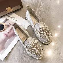 Эспадрильи; брендовая дизайнерская Весенняя женская обувь с жемчугом; обувь в рыбацком стиле; парусиновые слипоны; Повседневные Удобные женские лоферы на плоской подошве