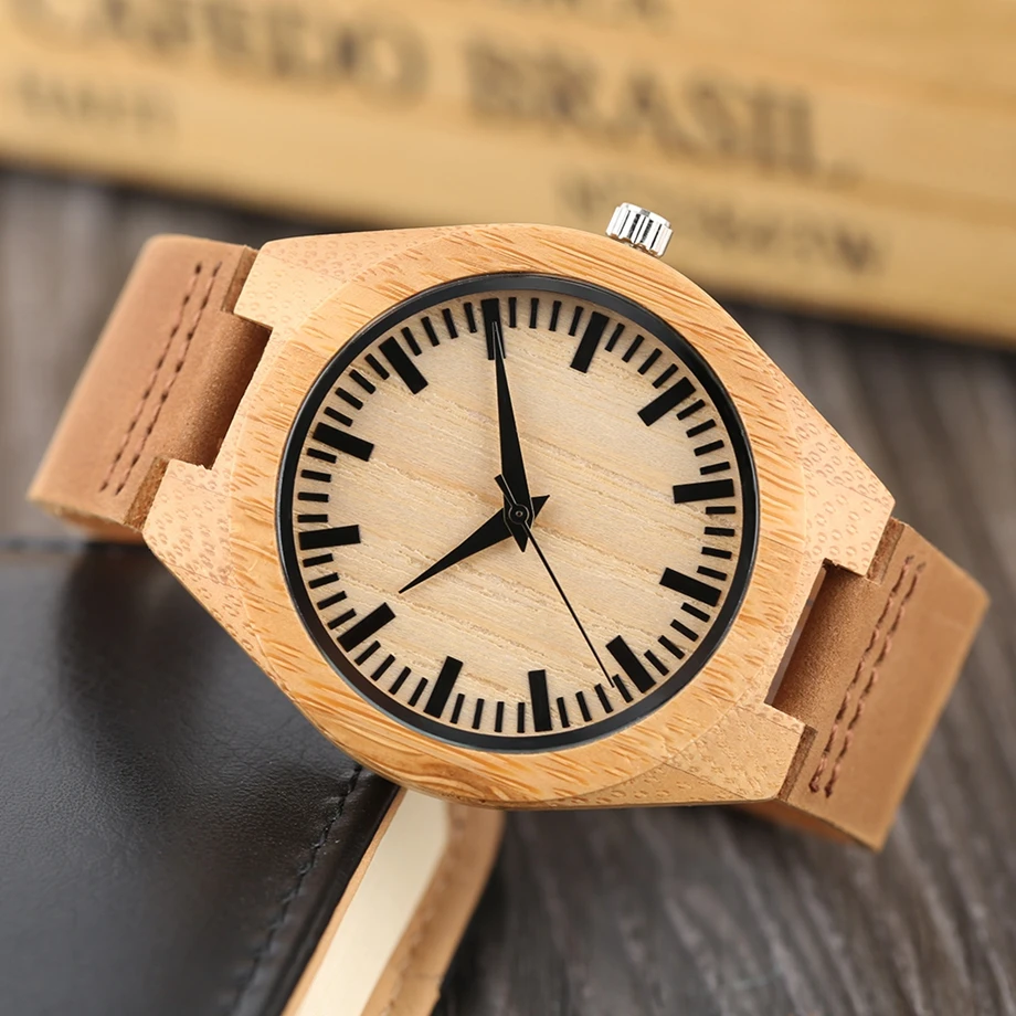 YISUYA Men Bamboo Watches Brown Natural Genuine Leather Strap Wooden Wrist Watch Quartz Clock Watch Casual for Women Best Gift (9)