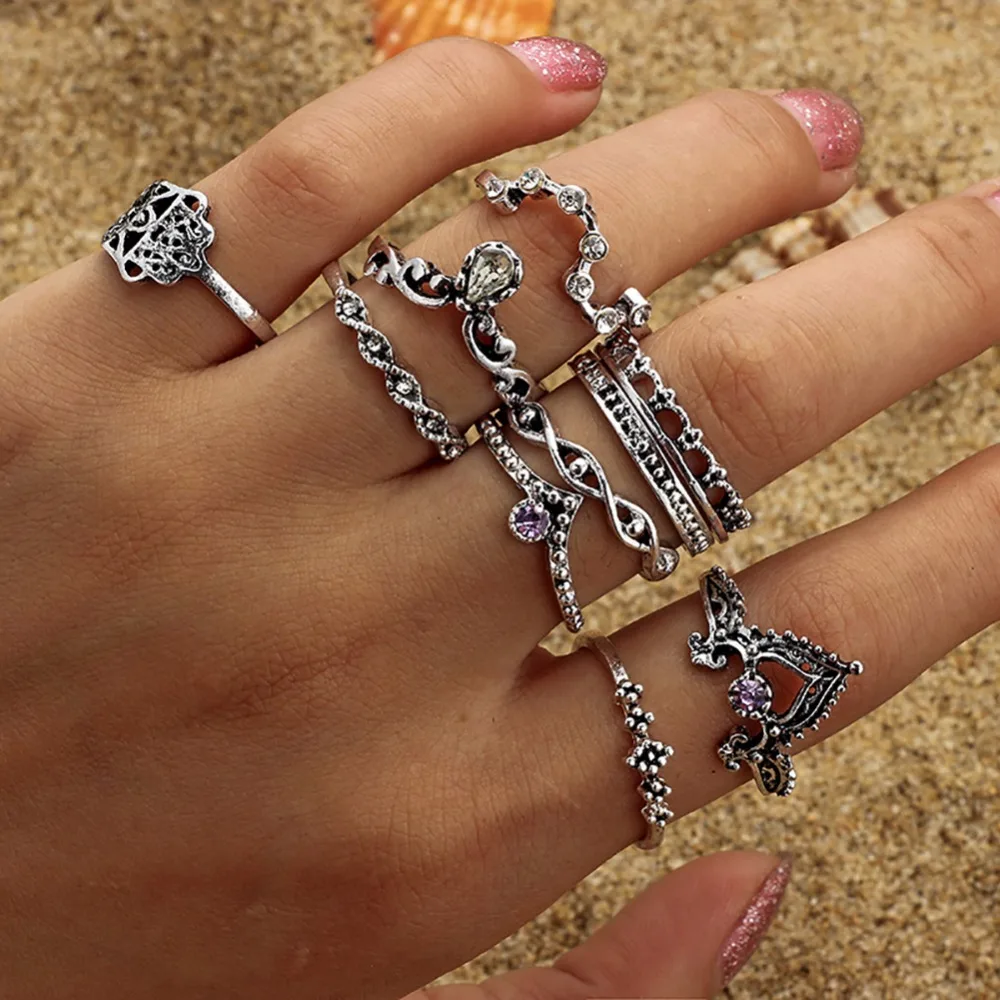

Hot Sale Rings Jewelry 10pcs/set Vintage Ring Sets Bohemian Fatima Hand Crown Hollow Finger Ring Charm #244497