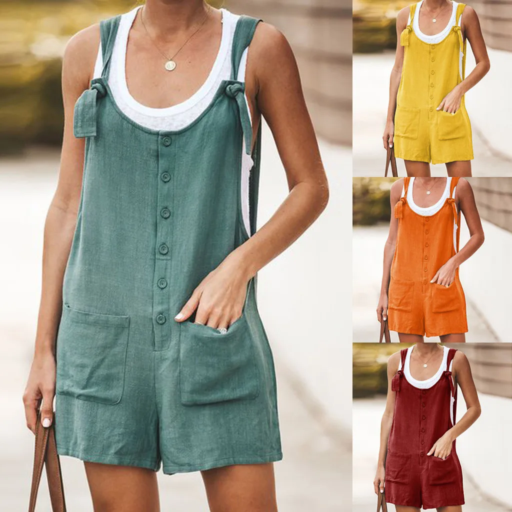 

DOUDOULU Women Casual Button Pocket Jumsuit Linen Vintage Shift Spaghetti-Strap Rompers Body Suit Ladies Clothing #EW
