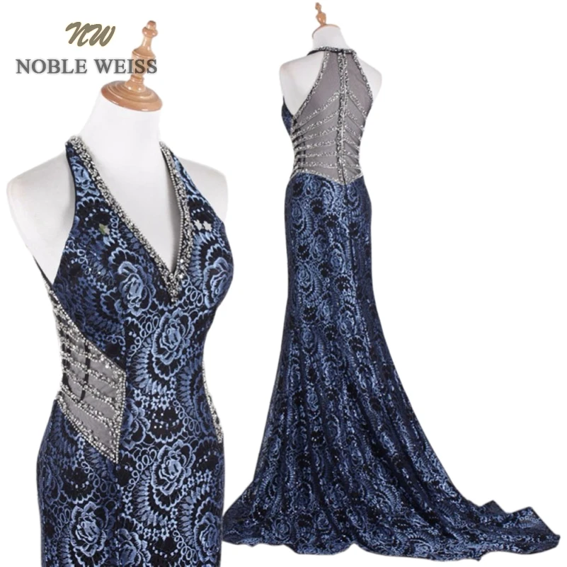 

NOBLE WEISS Sexy Evening Dresses See Through Back V-Neck Beading Customize Mermaid Long Lace Prom Party Dress With Sweep Train