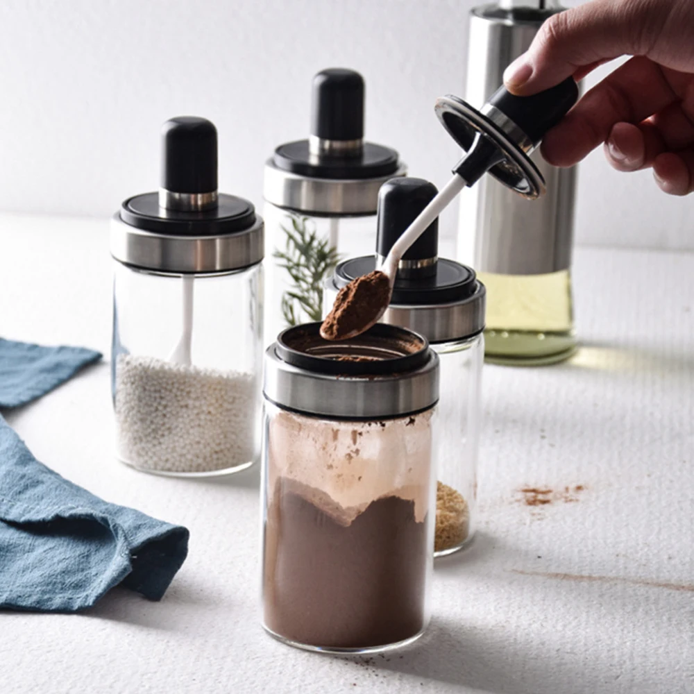 

1PC Glass Airtight Jar Spice Containers Bottle Condiment Salt Pepper Seasoning Storage Bottle Spice Jars Pot with Spoon Lid