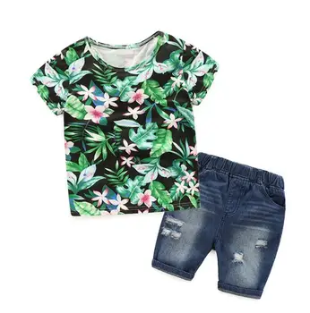 

Boys Clothes Summer Baby Boy Beach Set Green Leaf Top+Jean Short 2pcs Outfits Kids Short Sleeve Leisure Suit