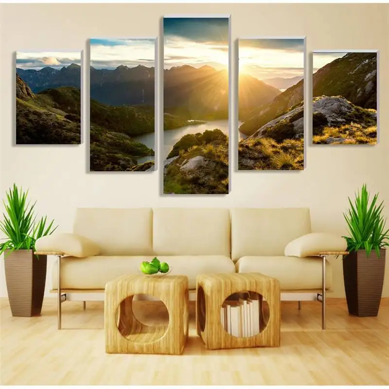 

Hot Sale Modern Mountain And River Landscape Canvas Painting 5 Pieces Wall Art Spectacular Sunshine Wall Picture For Living Room