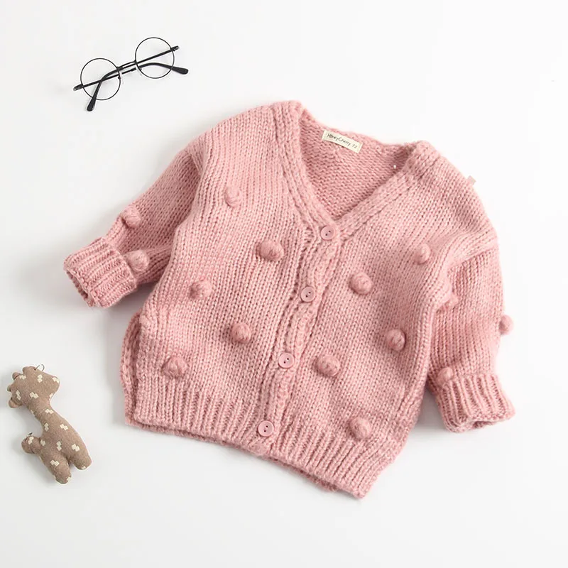 Детский вязаный кардиган, пальто, Осенние Топы для маленьких девочек, хлопковый однотонный милый свитер ручной работы, одежда для малышей - Цвет: Розовый