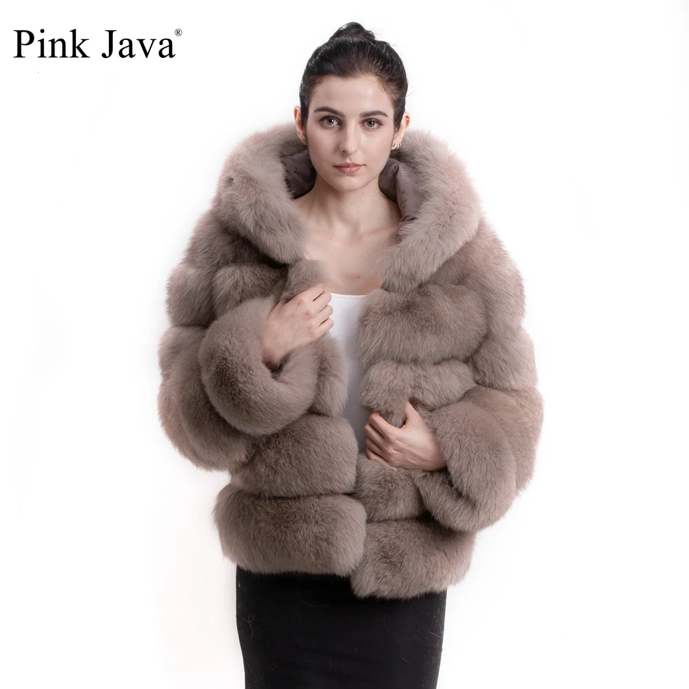 

Pink Java QC8143 2017 new arrival women winter thick fur coat real fox fur jacket with hood stand collar outfit hoodies fox fur