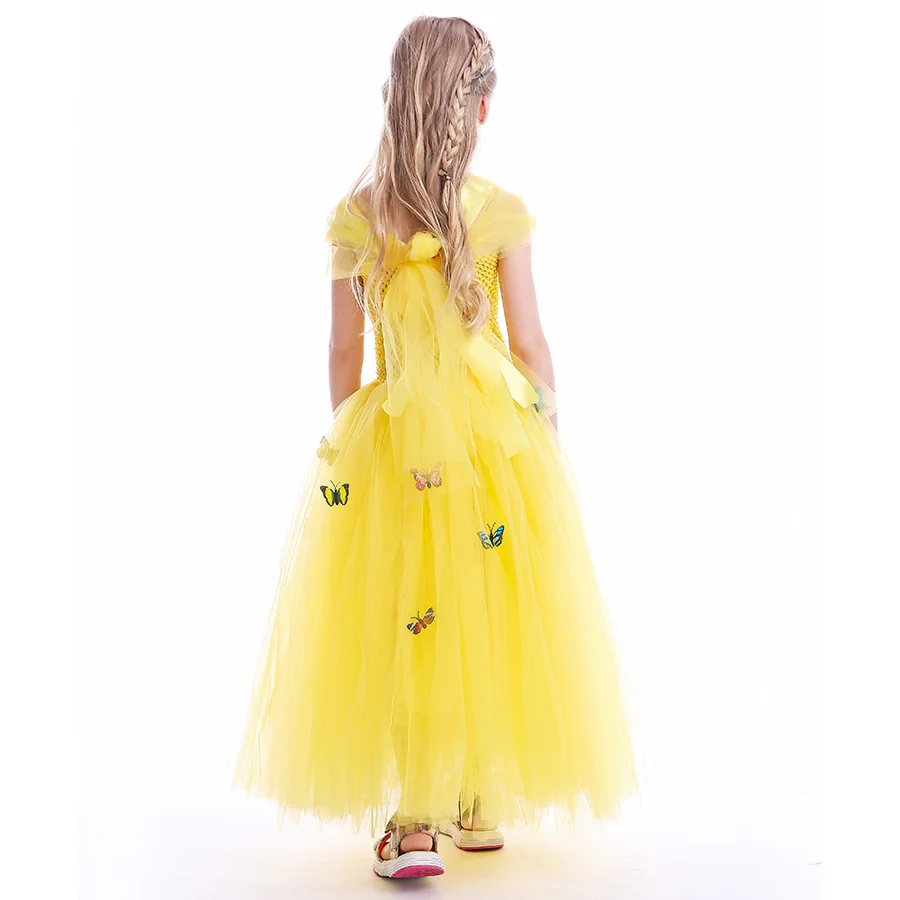 Belle Princess Yellow Tutu Dress Girls Party Halloween Wedding Butterfly Dress Children Beauty Beast Cosplay Costume (5)