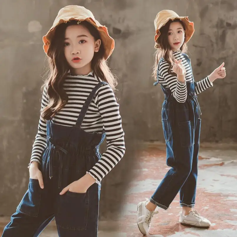 

2019 Toddler Teen Kids Girl Clothes 2 Piece Set Long Sleeve Striped T Shirt + Strap Denim Pants Jeans Girls Clothing Sets JW4505