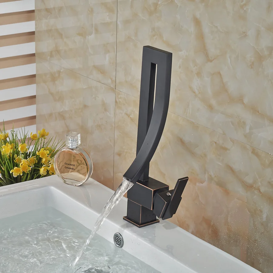 Unique Design Waterfall Basin Faucet Deck Mount One Hole Bathroom Mixer Water Tap Oil Rubbed Bronze