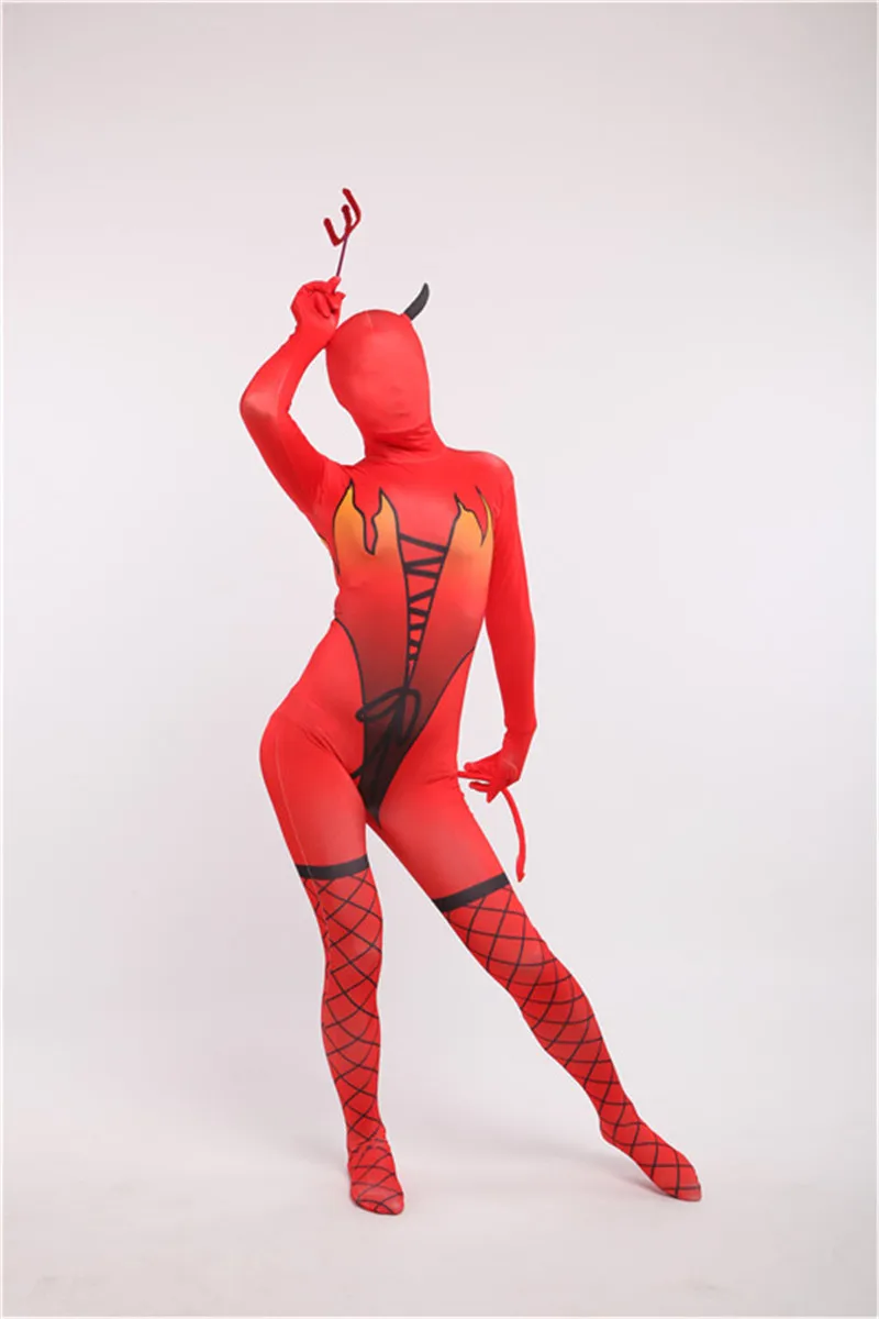 Костюм для косплея дьявол на хеллоуин для взрослых Zentai Catsuit Demon 3D принт обтягивающий боди Женский сексуальный костюм