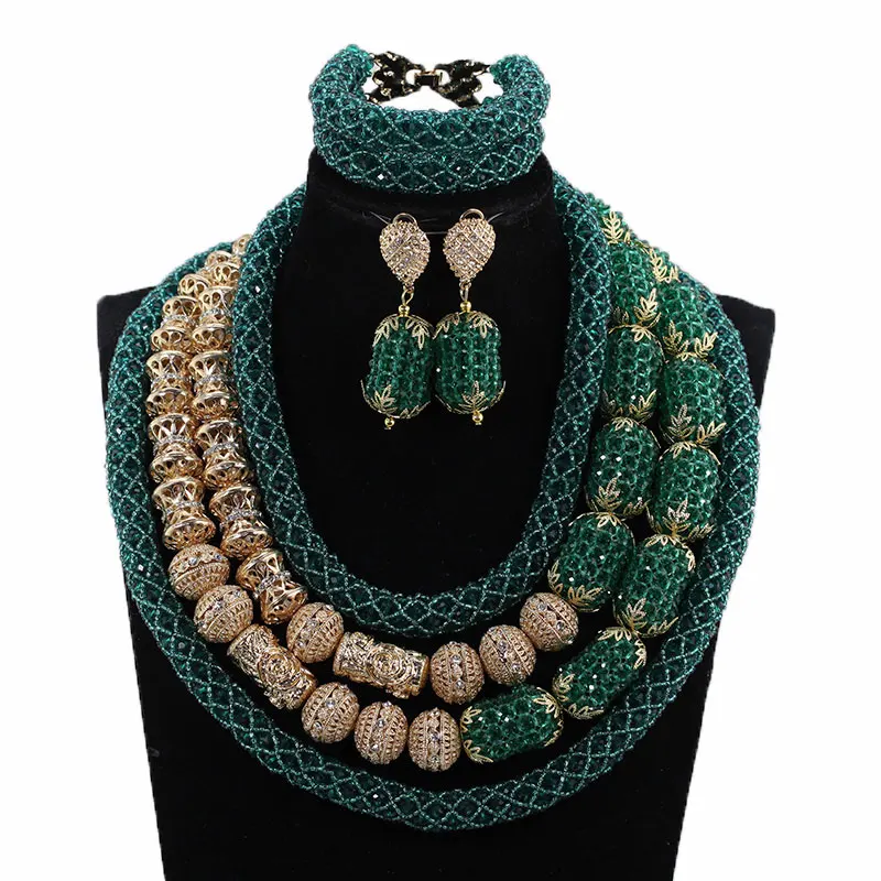 Fashion Teal and Gold Big African Costume Jewelry Set 4 Layers Crystal