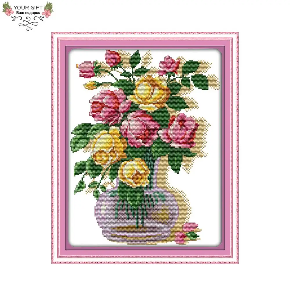 Joy Sunday Розовые Желтые розы домашний декор H378 14CT 11CT отпечатанные двухцветные