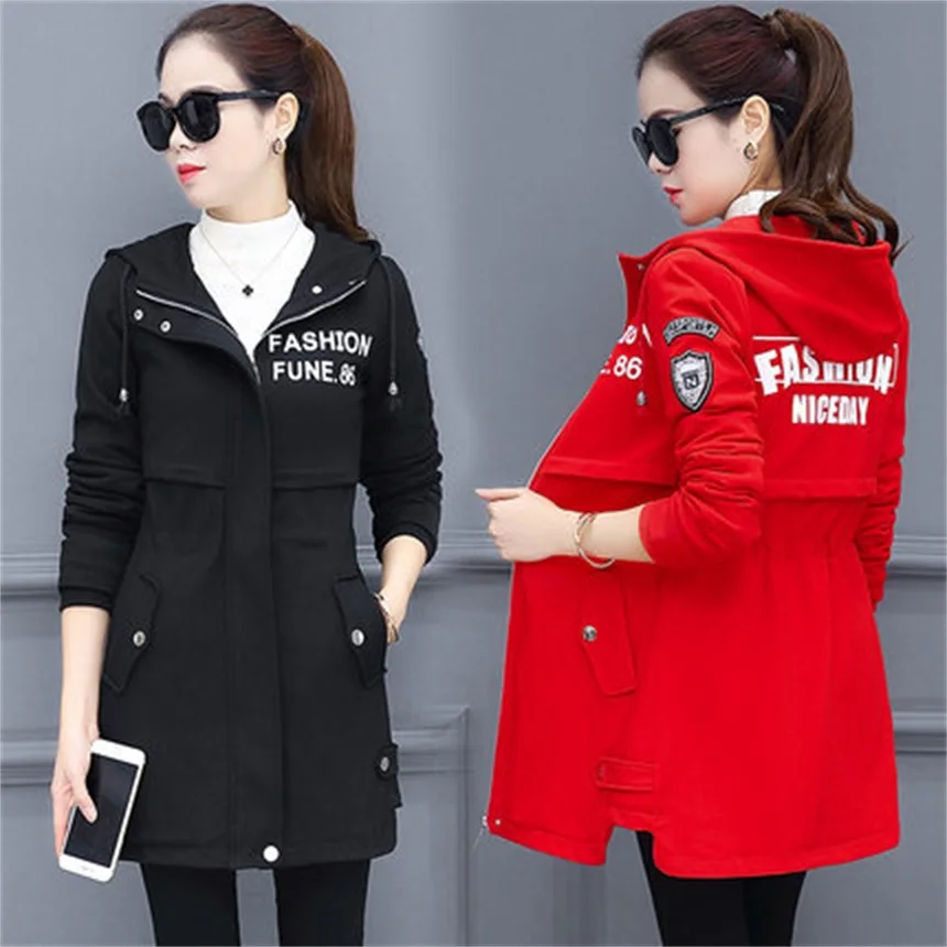 Nouveau À Tops Capuchon Taille Noir Coupe Femmes Slim Et Automne Hiver Joker vent Jq449 De Printemps rouge Veste Mode Longue wqvtFPS