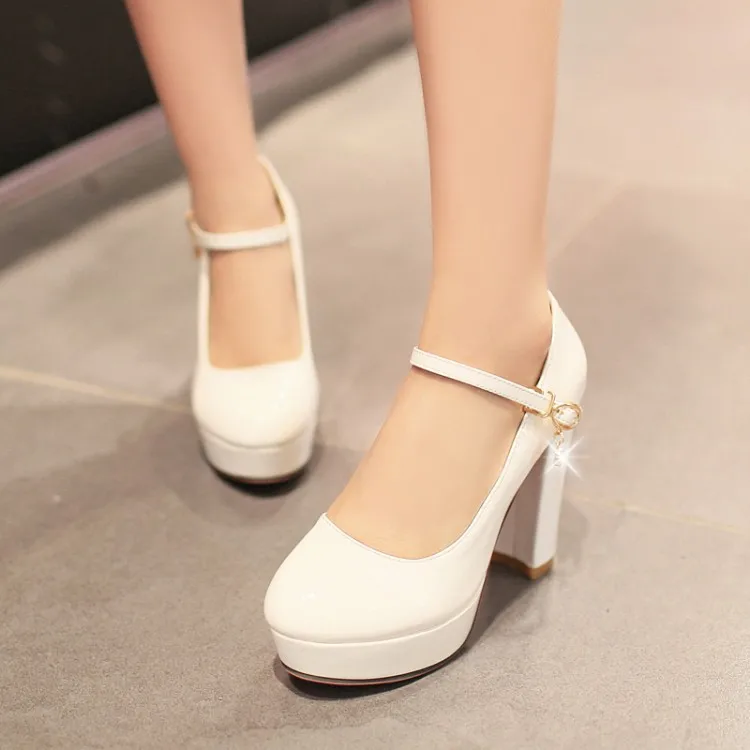 2019 Women Patent Leather Wedding Shoes Woman Super High Heels Shoes Bride Shoes Thick Heel Plus Size 32 42 43 Buckle Platform