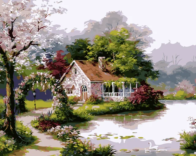Acrylic DIY Digital Oil Painting House by the River Wall By Numbers