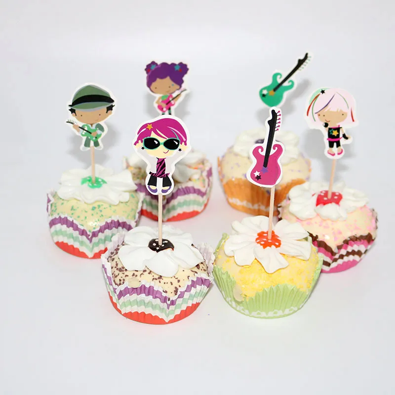 24Pcs Guitar Bass Rock Boy And Girl Cupcake Toppers Cartoon Cake Decorations For Wedding Kids Birthday Party Supplies | Дом и сад